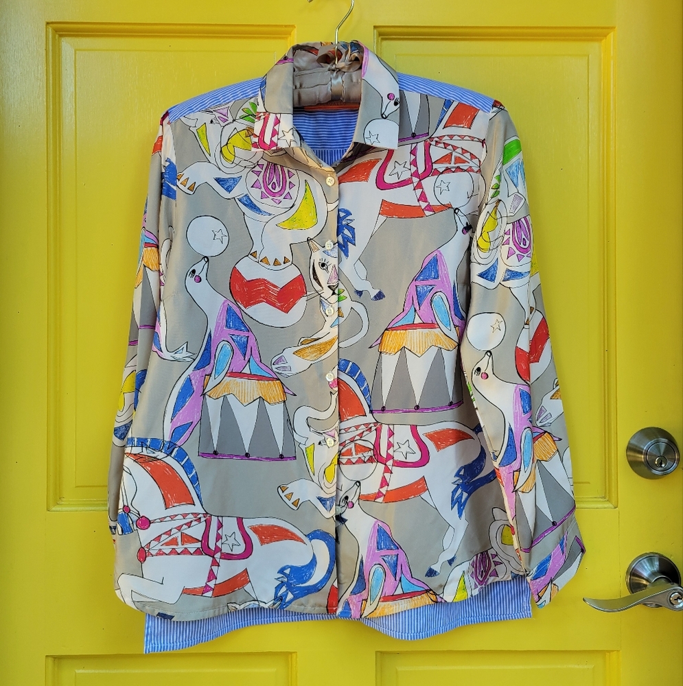 Rare Vilagallo Circus Animal Print Blouse Multicolor Button Down Approx Med